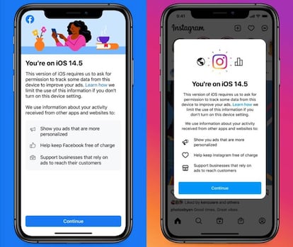 Mensajes de Facebook e Instagram pidiendo permisos para rastrear.