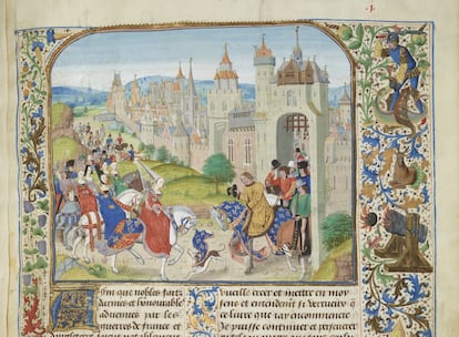 Isabel de Francia es recibida por su hermano Carlos IV en París, en una miniatura de las crónicas de Froissart.