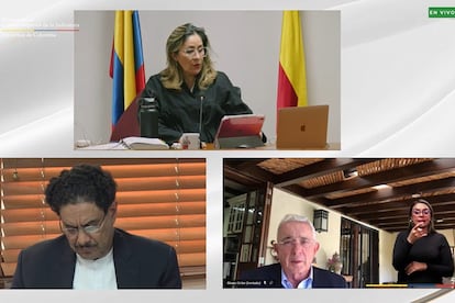 La jueza Sandra Liliana Heredia, el senador Iván Cepeda y el expresidente Álvaro Uribe durante el juicio contra el exmandatario colombiano, este lunes.