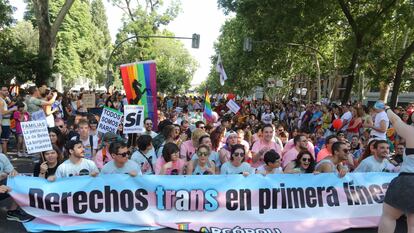 Pancarta a favor de los derechos de las personas trans, en el Orgullo de 2018 en Madrid.