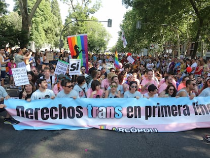 Pancarta a favor de los derechos de las personas trans, en el Orgullo de 2018 en Madrid.