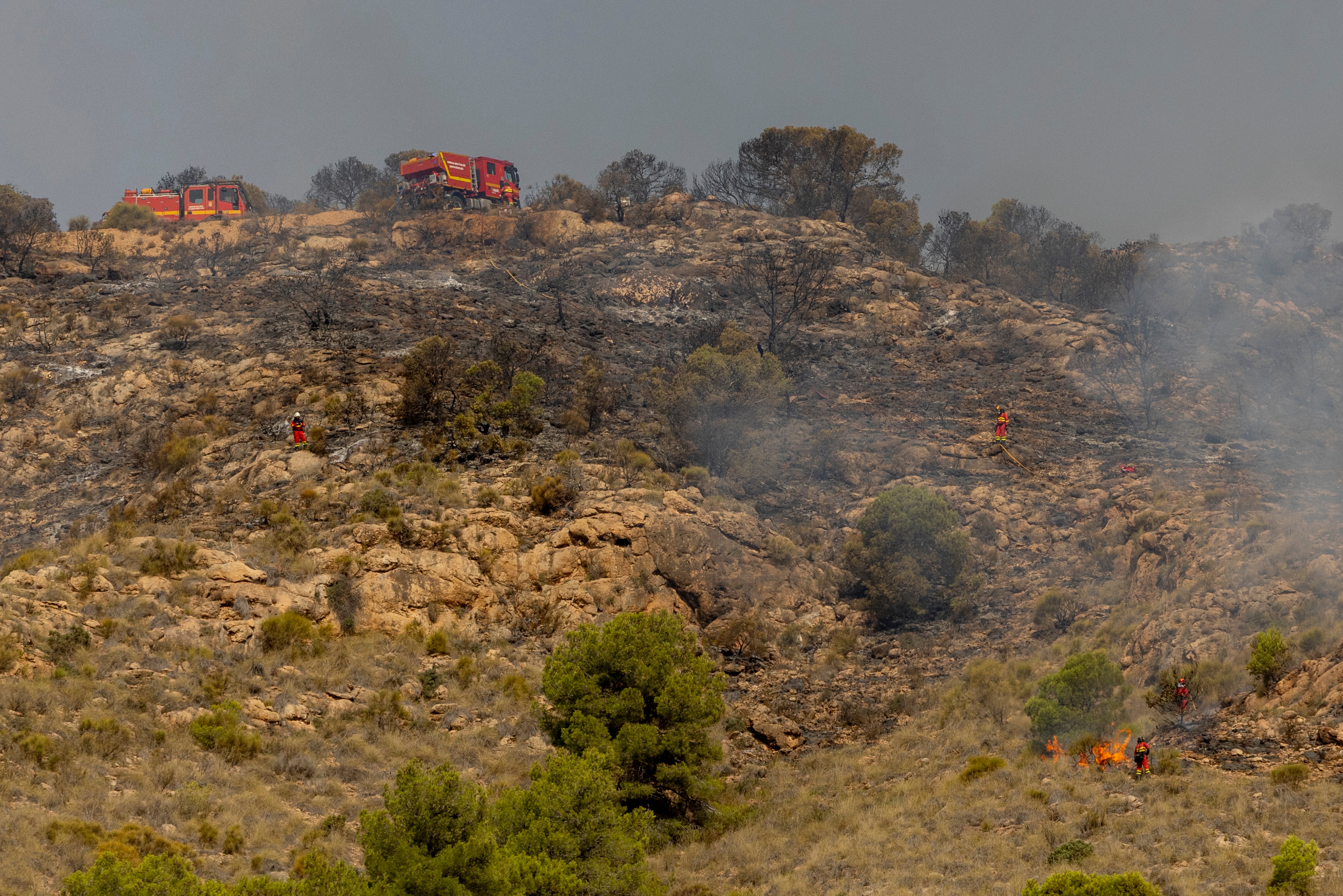 Una dotación de la UME trabaja en la extinción del incendio en un barranco cerca de Los Gallardos, este sábado.