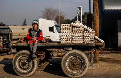 Un niño vende huevos en una calle de Damasco.