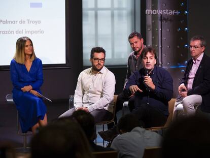 Desde la izquierda, María José Rodríguez, Daniel Boluda, Israel del Santo, Isaki Lacuesta y Santiago Posteguillo, durante la presentación de proyectos de no ficción de Movistar +.