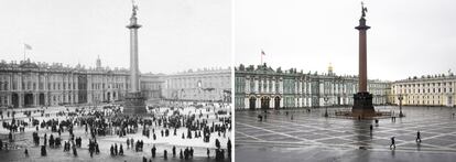 En este combo se ve el Palacio de Invierno de Zimny y la Plaza Dvortsovaya en el centro de San Petersburgo. A la izquierda, gente caminando sobre la nieve en 1917. A la derecha, la Plaza Dvortsovaya el 16 de octubre de 2017.