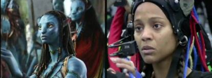 Zoe Saldana, a la derecha, con el traje que grababa sus movimientos para transformarla en un personaje virtual en <i>Avatar.</i>