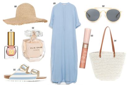 88. Kling Sombrero de rafia. 89. Zara Vestido camisero. 90. Dries Van Noten Gafas de sol con montura de pasta y metal. 91. Estée Lauder Laca de uñas 'Crystal Baby - Pure Color'. 92. Elie Saab Eau de parfum 'Le Parfum'. 93. Paul & Joe Lip gloss. 94. Bershka Capazo de paja con asas. 95. Birkenstock Sandalia con print de rayas y trabillas.