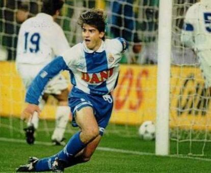 Lardín celebra el gol de la última victoria del Espanyol en el Bernabéu.