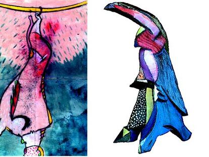 <i>Crucifixión XII </i><b>(1985),</b> óleo y pigmento sobre cartón estucado (a la izquierda), y <i>Versus 2 </i><b>(2000-2001),</b> hierro oxidado y resina, de Cristóbal Gabarrón.