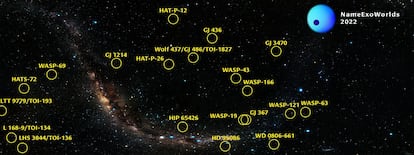 Mapa de los sistemas planetarios que recibirán nombre mediante concurso del público.