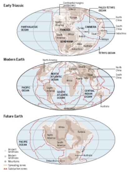 Recreación sobre cómo, de acuerdo con las modernas reconstrucciones, Pangea (el supercontinente que existió al final de la era Paleozoica y comienzos de la Mesozoica que agrupaba la mayor parte de las tierras emergidas del planeta) se formó hace 300 millones de años y empezó a romperse hace unos 175 millones de años. Dentro de alrededor de 250 millones de años los continentes se volverían a juntar en un nuevo supercontinente, denominado Pangea Proxima.