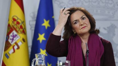 Carmen Calvo, en la rueda de prensa celebrada este 6 de febrero en Moncloa.