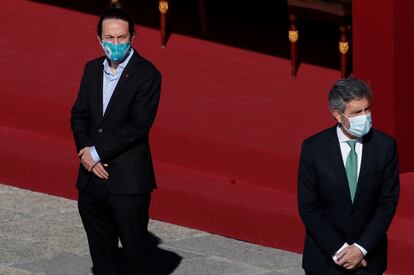 El vicepresidente segundo del Gobierno, Pablo Iglesias, junto al presidente del Tribunal Supremo, Carlos Lesmes, el pasado 12 de octubre en Madrid.