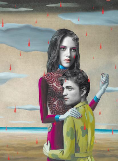 <i>Kristen Stewart y Robert Pattinson, protagonistas de 'Crepúsculo', en una ilustración de </i><b><i>Gino Rubert</i></b><i> a partir de su pintura 'El cazador cazado'. El artista catalán, autor de las cubiertas de la edición española de la trilogía 'Millennium', de Stieg Larsson, interpreta para 'EP3' el otro 'best seller' mundial del momento.</i>