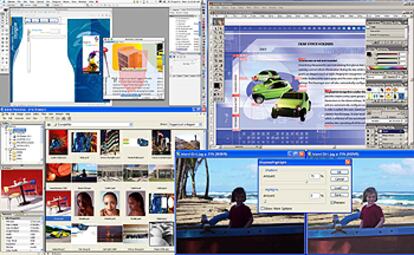 De izquierda a derecha y de arriba abajo, InDesign CS, Illustrator CS y Photoshop CS.