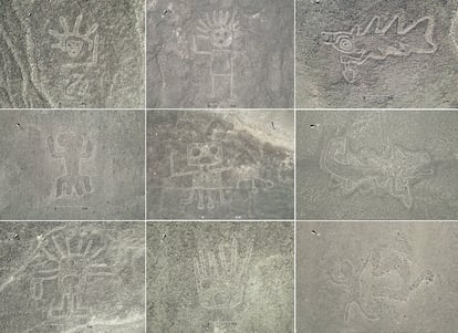 Composición con algunos de los nuevos geoglifos hallados en Nazca. Con sus líneas erosionadas por el paso del tiempo, la inteligencia artificial ha logrado en meses lo que se había conseguido en décadas.