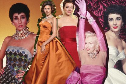 Cher, Zendaya y Emma Stone en los Globos de Oro, Marilyn Monroe y Elizabeth Taylor, todas con vestidos palabra de honor.