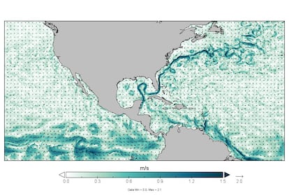 Figura 1. Mapa de velocidad de la corriente en el Mar Caribe y Golfo de México. Los tonos de color verde corresponden a la rapidez de la corriente y se puede observar la llamada Corriente de Lazo que sale del Golfo de México y se propaga por el Norte del Océano Atlántico.