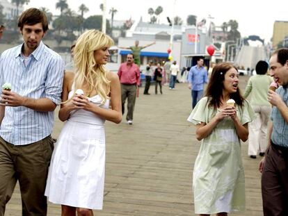 Joel Moore, Paris Hilton, Christine Lakin and Adam Kulbersh in the 2008 comedy, 'The Hottie and the Nottie.'