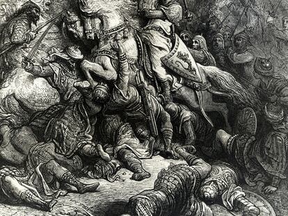 Escena de la batalla de Acre en 1191, en Tierra Santa, entre Ricardo I y Saladino. Grabado de Gustave Doré de 1832.
