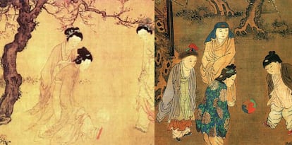 Dos de las pinturas que muestran a las mujeres jugando.