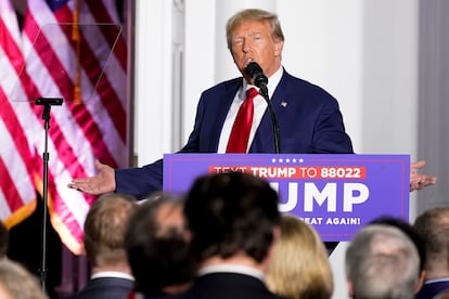 Former President Donald Trump speaks to supporters at Trump National Golf Club Bedminster