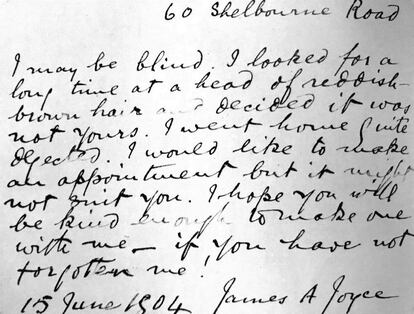 Manuscrito de la primera carta de James Joyce a Nora, incluida en el libro 'Cartas (1900-1920).