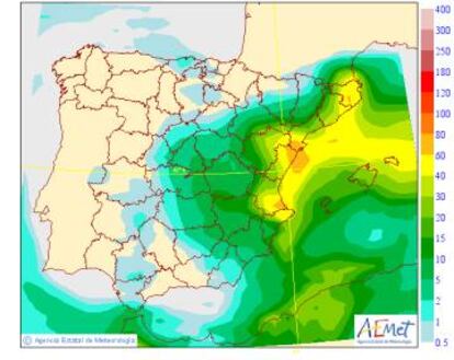 Precipitación media en Península y Baleares para hoy.