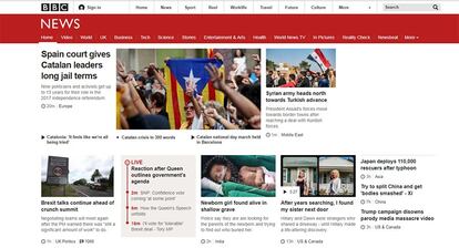 La televisión pública británica abre su página web con la sentencia y califica de “largas” las penas a los líderes del ‘procés’. En la información, recoge la reacción en las calles y los comunicados del Fútbol Club Barcelona y la Federación Catalana de Fútbol.