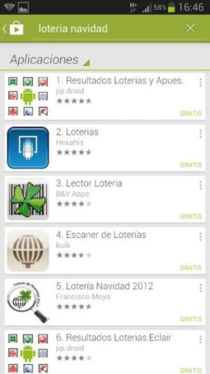 Listado de las aplicaciones más populares de la Lotería de Navidad en Google Play.