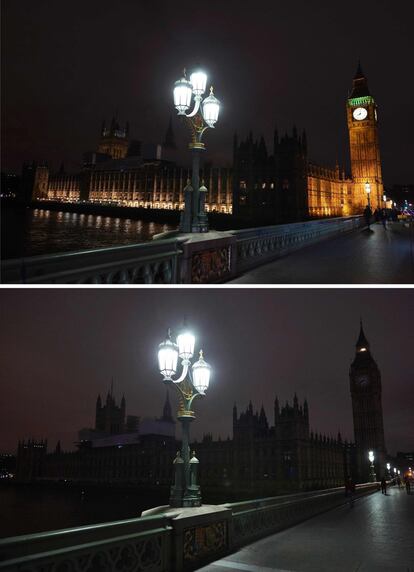 Una combinación de imágenes tomadas el 19 de marzo de 2016, en el centro de Londres, muestra Cámaras del Parlamento de Gran Bretaña antes de que las luces se apagan y después en oscuridad durante la campaña ambiental Hora de la Tierra.