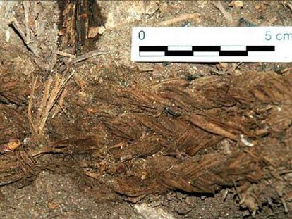 Fragmentos del cordaje que ataba uno de los sudarios de piel animal en que estaban envueltos los cadáveres.
