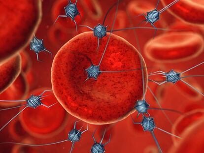 Recreación artística de nanorrobots actuando sobre células de la sangre