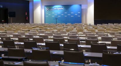 Sala de prensa para el 19º Congreso Nacional del PP, que se celebra en el hotel Madrid Marriott Auditorium. 