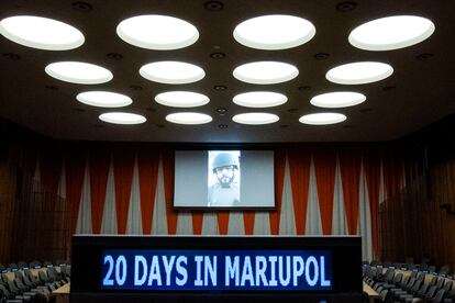 Associated Press journalist Mstyslav Chernov delivers a video message from the field in Ukraine before the screening of the award-winning documentary "20 Days in Mariupol" at the United Nations headquarters, Monday, Sept. 11, 2023