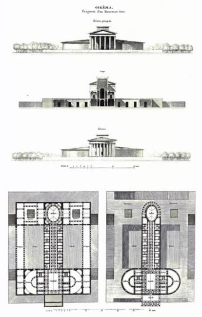 Planta y alzado del templo de los placeres (con forma fálica) ideado por Claude-Nicolas Ledoux en el siglo XVIII.