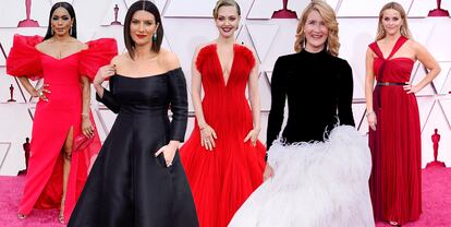 La alfombra roja de los Oscar 2021. Desde la izquierda: Angela Bassett, Laura Pausini, Amanda Seyfried, Laura Dern y Reese Witherspoon.