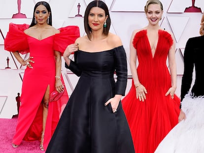 La alfombra roja de los Oscar 2021. Desde la izquierda: Angela Bassett, Laura Pausini, Amanda Seyfried, Laura Dern y Reese Witherspoon.