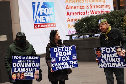 Members of Rise and Resist participate in their weekly "Truth Tuesday" protest at News Corp headquarters on February 21, 2023 in New York City.