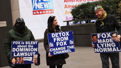 Members of Rise and Resist participate in their weekly "Truth Tuesday" protest at News Corp headquarters on February 21, 2023 in New York City.