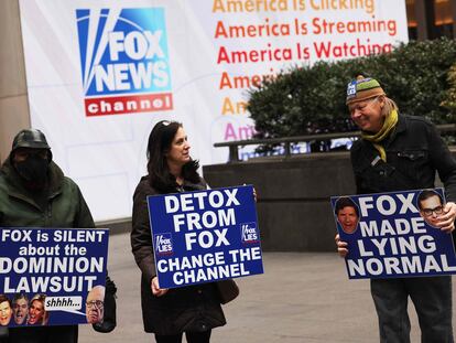 Members of Rise and Resist participate in their weekly "Truth Tuesday" protest at News Corp headquarters on February 21, 2023 in New York City.