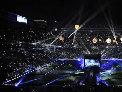 Real Madrid's stadium celebrating the Champions League win.