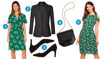 1. Vestido de Kookai para el Corte Inglés 2. Americana negra, de Amazon 3. Salones negros, de la Redoute 4. Bolso con cadena, de Pull and Bear 5. Vestido de Amazon