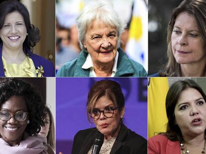 Fotografías de archivo de seis de las once vicepresidentas latinoamericanas. La dominicana Margarita Cedeño, la uruguaya Lucía Topolansky, la colombiana Marta Lucía Ramírez, la costarricense Epsy Campbell, la peruana Mercedez Araoz y la ecuatoriana María Alejandra Vicuña.