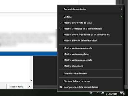 Desde esta barra de tareas podemos activar el TImeline de Windows 10