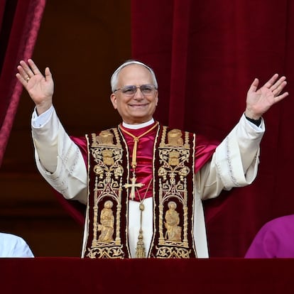 Leo XIV addresses the crowd gathered in St. Peter's Square at the Vatican on Thursday after learning of his appointment as pope.