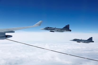Aviones de combate Saab JAS 39 Gripen de la Fuerza Aérea Sueca.