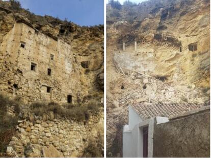 Palacio de Inestrillas, antes y después del derrumbe.