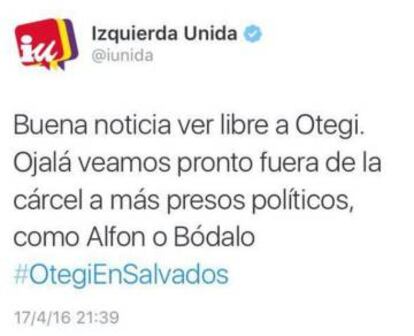 El tuit enviado por Izquierda Unida, en abril de 2016.