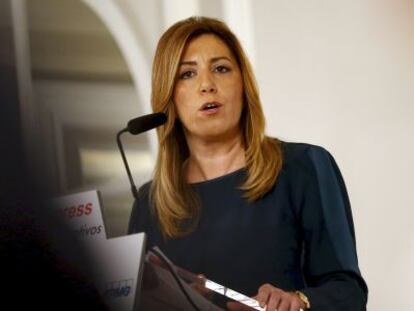 Susana Díaz, este miércoles en un desayuno informativo en Madrid.